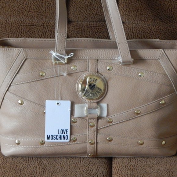 NWT LOVE MOSCHINO Pebbled Leather Top Zipper LARGE Satchel Shoulder Bag in Taupe - Picture 2 of 9